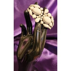 Vtg Juliana White Milk Glass Cabochon Clamper Bracelet Silver Tone Statement